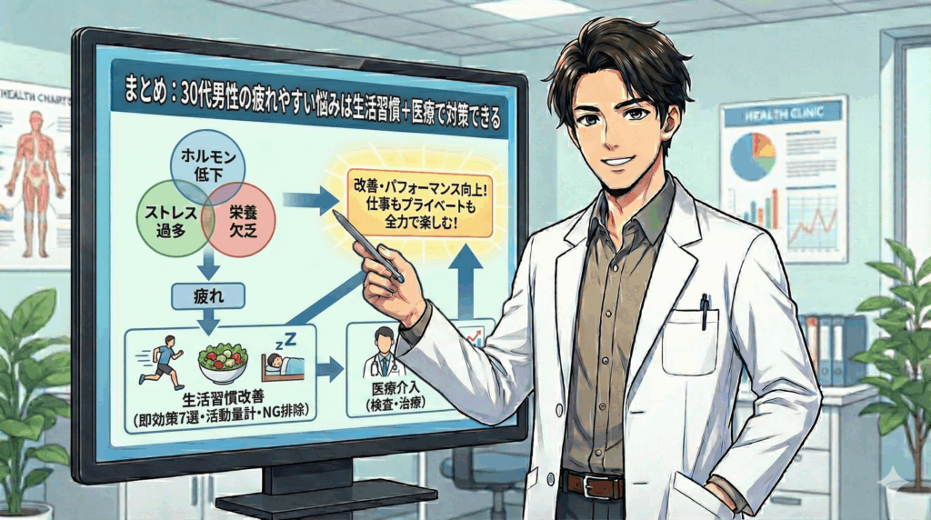 まとめ:30代男性の疲れやすい悩みは生活習慣+医療で対策できる