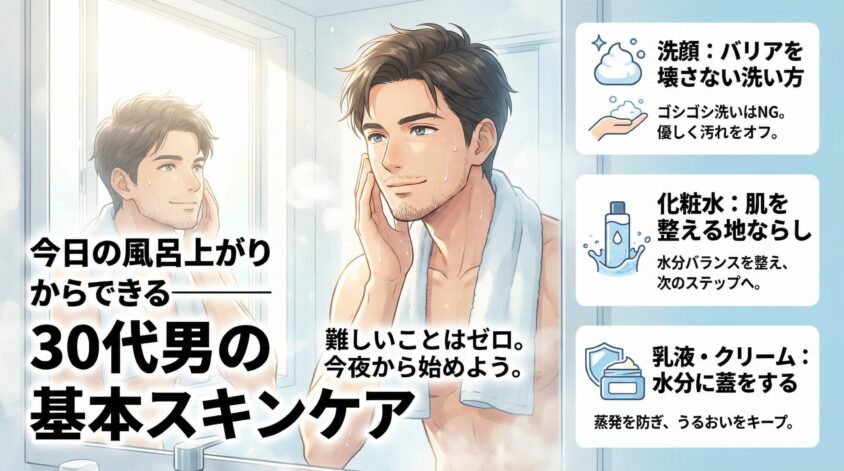 今日の風呂上がりからできる——30代男の基本スキンケア3ステップ